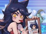  2girls ahri_(league_of_legends) anger_vein animal_ears bare_shoulders breasts cleavage english_text facial_mark fox_ears hand_up holding_frame kalista large_breasts league_of_legends long_hair looking_at_viewer multiple_girls orange_eyes phantom_ix_row photo_(object) slit_pupils solo_focus upper_body whisker_markings 