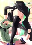  1girl bare_shoulders black_dress black_thighhighs blush breasts dress elbow_gloves gloves green_hair hakozaki_chika highres lindaroze long_hair looking_at_viewer medium_breasts neptune_(series) open_mouth red_eyes standing standing_on_one_leg thighhighs toeless_legwear undressing 