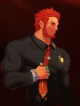  1boy absurdres alternate_costume artist_request bara beard black_shirt collared_shirt cropped_torso facial_hair fate/grand_order fate_(series) formal highres iskandar_(fate) jewelry large_pectorals looking_at_viewer male_focus mature_male medal multiple_rings muscular muscular_male necktie necktie_grab neckwear_grab pectorals red_eyes red_hair red_necktie ring shirt short_hair sideways_glance solo thick_eyebrows tight_clothes tight_shirt 