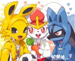  3boys animal_ears animal_hands animal_hood animal_nose artist_name ball black_sclera blue_shirt blue_sweater blush blush_stickers bright_pupils buck_teeth carrot character_name cinderace closed_mouth clothed_pokemon colored_sclera commentary_request drawstring english_text eye_contact fake_animal_ears food furry furry_male hands_up happy highres holding holding_food holding_vegetable hood hood_up hooded_jacket hooded_sweater jacket jolteon kiki_(431642) knee_up light_blush lightning_bolt_symbol long_sleeves looking_at_another looking_to_the_side lucario male_focus multiple_boys open_clothes open_jacket open_mouth outline personification pink_shirt pokemon pokemon_(creature) rabbit_boy rabbit_ears red_eyes red_hair shirt short_hair sitting smile snout soccer_ball straight-on sweater teeth twitter_username upper_body vegetable watermark white_eyes white_hair white_jacket white_outline white_pupils white_shirt wolf_boy wolf_ears yellow_jacket zipper_pull_tab 