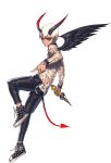  1boy black_pants black_wings demon_tail destiny_child frej_(destiny_child) full_body holding holding_weapon horns male_focus official_art pants pointy_ears shoes short_hair sneakers solo tail tan transparent_background weapon white_hair wings 