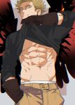  abs alternate_costume bara boku_no_hero_academia clothes_lift cowboy_shot feathered_wings forked_eyebrows hawks_(boku_no_hero_academia) lifted_by_self long_sleeves looking_at_viewer male_focus midriff_peek navel pectorals seductive_smile shirt_lift short_hair smile thick_eyebrows toned toned_male underpec veiny_crotch wavy_hair wings yan_(bltyann) 