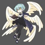  1girl angel_wings angela_(project_moon) bbunny black_pantyhose black_skirt black_vest blue_coat blue_footwear blue_hair book coat collared_shirt grey_background holding holding_book library_of_ruina long_sleeves multiple_wings pantyhose project_moon seraph shirt short_hair skirt solo vest white_shirt white_wings wings yellow_eyes 
