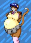  anthro backpack belly big_belly big_breasts blue_hair bottomwear breasts brown_body brown_fur clothing danellz digital_media_(artwork) domestic_cat felid feline felis female fur green_eyes hair mammal necktie pregnant school_uniform skirt solo topwear uniform 