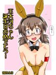  1girl animal_ears armband black-framed_eyewear black_bow black_bowtie blush bow bowtie breasts brown_eyes brown_hair cleavage collar commentary covered_navel dated detached_collar fake_animal_ears flying_sweatdrops girls_und_panzer glasses happy_birthday leaning_forward leotard looking_at_viewer low_twintails medium_breasts medium_hair oosaka_kanagawa open_mouth ou_taiga outline pink_background playboy_bunny rabbit_ears semi-rimless_eyewear smile solo standing strapless strapless_leotard sweatdrop translated twintails under-rim_eyewear v_arms white_collar white_outline wing_collar yellow_leotard 