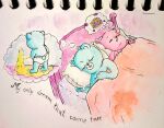  2023 anthro azulin_(unicorn_wars) bear black_nose blue_body bodily_fluids clothing dessert duo english_text eyes_closed food genital_fluids gordi_(unicorn_wars) male mammal peeing pie pink_body sleeping tamagokematula text underwear unicorn_wars urine wet_bed 