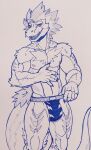  absurd_res anthro athletic athletic_anthro athletic_male clothed clothing dinosaur dromaeosaurid hair hi_res jockstrap male nameless00 nipples pecs reptile scalie solo theropod topless traditional_media_(artwork) underwear 