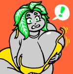  2023 big_breasts breasts choker cleavage clothed clothing digital_drawing_(artwork) digital_media_(artwork) dress elemental_creature elemental_humanoid exclamation_point eyebrows eyelashes female fingers flora_fauna green_eyebrows green_eyes green_hair green_text grey_body hair holding_breast huge_breasts humanoid jewelry looking_at_viewer necklace not_furry oekaki open_mouth orange_background plant plant_hair plant_humanoid portrait pseudo_hair simple_background solo spoken_exclamation_mark text three-quarter_portrait wardrobe_malfunction wide_eyed woot yellow_clothing yellow_dress 