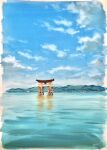  blue_sky building chochottochoina cloud cloudy_sky highres island mountain mountainous_horizon no_humans ocean original painting_(medium) scenery sky torii traditional_media water 