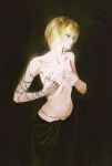  1boy androgynous black_background blonde_hair chain chain_around_arm collarbone covering_nipples cowboy_shot fingernails hand_on_own_chest hands_up highres huangdanlan hunter_x_hunter jewelry kurapika looking_to_the_side multiple_rings narrow_waist navel photo-referenced profile red_eyes ring sarong short_hair skinny solo topless_male 