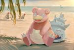  :d absurdres claws commentary_request day fangs highres lapras open_mouth outdoors pokemon pokemon_(creature) sand sandygast shadow shore sitting slowbro smile tongue water zai_(3333333333353pk) 