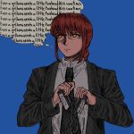  1girl black_jacket black_necktie blue_background braid breaking chainsaw_man commentary english_commentary english_text eyebrows_hidden_by_hair formal highres jacket makima_(chainsaw_man) necktie orange_eyes red_hair sidelocks single_braid solo suit thought_bubble toasty_rolls upper_body videocassette 