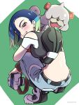  1girl absurdres aruke_(gter7727) backpack bag belt black_belt blue_hair blush camera commentary_request eyelashes green_background grey_vest grin highres hisuian_growlithe holding holding_camera off-shoulder_shirt off_shoulder on_shoulder pants perrin_(pokemon) pokemon pokemon_(creature) pokemon_on_shoulder pokemon_sv shirt shoes short_hair smile squatting teeth vest white_footwear white_shirt zipper 