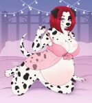  anthro bed belly big_belly big_breasts bottomless bra breasts canid canine canis clothed clothing dalmatian domestic_dog female floppy_ears fur furniture hair hi_res kneeling looking_at_viewer mammal on_bed pregnant pregnant_female purple_eyes red_hair solo spots spotted_body spotted_fur spottedtigress underwear white_body white_fur 