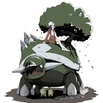  1girl bag beak beanie buttons coat dawn_(pokemon) duffel_bag grass grey_hair hair_ornament hairclip hat highres leaf open_mouth pokemon pokemon_(creature) pokemon_(game) pokemon_dppt pokemon_platinum puddle red_coat sadaie_kun_e shell sitting torterra tree turtwig white_background 