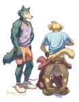  anthro backsack balls beastars bird_dog black_nose breasts brown_body brown_fur bulge butt canid canine canis clothed clothed/nude clothed_male_nude_female clothing domestic_dog female fur genital_outline genitals grey_body grey_fur group hi_res hunting_dog jack_(beastars) juno_(beastars) labrador legoshi_(beastars) male male/female mammal meesh nude penis_outline retriever tan_body tan_fur trio walkies wolf 