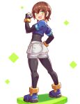  1girl aile_(mega_man_zx) ass black_bodysuit blue_footwear bodysuit brown_hair clenched_hand commentary cougar_(cougar1404) from_behind full_body green_eyes hand_on_own_hip headgear looking_at_viewer looking_back mega_man_(series) mega_man_zx open_mouth shoes short_hair shorts smile solo spandex standing white_background white_shorts 