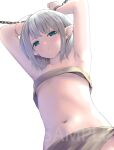  1girl armpits arms_up blue_eyes chain commentary_request cuffs culter earrings flat_chest grey_hair jewelry medium_hair navel original pointy_ears sample_watermark shackles solo upper_body watermark 