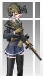  1girl absurdres ar-15 blush glasses gloves grey_hair gun headphones headset helmet highres hiiragi_senri holding holding_gun holding_weapon long_sleeves night_vision_device original rifle school_uniform skirt solo thighhighs weapon yellow_eyes zettai_ryouiki 