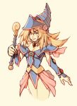  1girl bare_shoulders blonde_hair blue_headwear blush_stickers breasts choker cleavage cropped_legs dark_magician_girl duel_monster green_eyes hair_between_eyes hat highres holding holding_wand large_breasts long_hair looking_at_viewer open_mouth oxcoxa pentacle smile solo wand wizard_hat yu-gi-oh! yu-gi-oh!_duel_monsters 