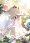 artist_name blue_flower blurry commentary_request day depth_of_field ekm flower looking_up outdoors parted_lips pheromosa plant pokemon pokemon_(creature) solo watermark 