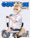  alternate_costume animal_ears barefoot beleven black_shorts blonde_hair casual chair controller cover coyote_(kemono_friends) extra_ears game_controller hair_between_eyes highres kemono_friends kemono_friends_v_project knees_to_chest looking_at_viewer magazine_cover multicolored_hair shirt short_hair short_shorts shorts sidelocks t-shirt tail two-tone_hair virtual_youtuber white_hair white_shirt wolf_ears wolf_girl wolf_tail yellow_eyes 