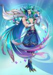  1boy abs absurdres artist_request asymmetrical_bangs beard belt blue_belt blue_pants capelet closed_mouth elbow_gloves facial_hair feathered_wings feathers fingerless_gloves full_body fur_trim gloves green_eyes green_hair hand_on_own_arm highres league_of_legends looking_at_viewer male_focus medium_hair multicolored_background muscular muscular_male navel official_art pants pectoral_cleavage pectorals pointy_ears rakan_(league_of_legends) redeemed_star_guardian_rakan sleeveless smile solo standing star_(symbol) star_guardian_(league_of_legends) star_guardian_rakan stomach white_capelet white_gloves wings 