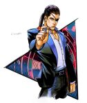  1boy black_hair black_pants black_suit dart dartboard eyepatch fingernails formal gold_necklace holding jewelry knife looking_at_viewer majima_gorou male_focus necklace otamot pants ponytail ryuu_ga_gotoku_(series) ryuu_ga_gotoku_0 shirt solo suit weapon white_background white_shirt 