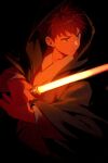  1boy black_background black_cloak cloak echo_(circa) emiya_shirou energy_sword fate/grand_order fate_(series) holding holding_lightsaber holding_sword holding_weapon hood hood_up hooded_cloak lightsaber long_sleeves looking_to_the_side male_focus red_hair red_lightsaber robe simple_background solo star_wars sword upper_body weapon white_robe wide_sleeves yellow_eyes 