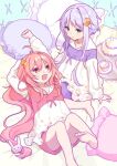 2girls alternate_costume barefoot blue_eyes blush closed_mouth crescent crescent_hair_ornament cup hair_between_eyes hair_ornament kantai_collection long_hair long_sleeves mitsuyo_(mituyo324) multiple_girls open_mouth pink_hair purple_hair rabbit_hair_ornament red_eyes short_hair_with_long_locks sidelocks smile uzuki_(kancolle) yayoi_(kancolle) 