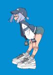  1girl baseball_cap blue_background blue_hair blue_shorts blunt_ends closed_mouth dolphin_shorts fila from_side grey_headwear grey_jacket hands_on_own_knees hat highres jacket leaning_forward letterman_jacket long_sleeves nao97122 open_clothes open_jacket original ponytail profile revision ribbed_socks shoes short_ponytail short_shorts shorts simple_background sneakers socks solo standing white_footwear white_socks zipper_pull_tab 