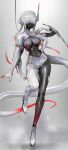  1girl black_skin bodysuit breasts colored_skin echanis_enicha extra_arms full_body gloves highres monster_girl no_eyes original short_hair skin_tight solo standing tail weapon white_hair 
