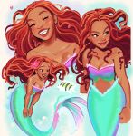  1girl ariel_(disney) bare_shoulders bubble closed_eyes dreadlocks fins fish fish_tail flounder_(the_little_mermaid) flower fumisketchies grin hair_flower hair_ornament heart highres long_hair mermaid mole_on_forehead monster_girl red_hair red_lips smile split_tail tail the_little_mermaid_(2023) underwater 