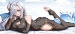  1girl ass bare_shoulders bodystocking breasts burnt_green_tea cleavage cleavage_cutout clothing_cutout cloud commentary genshin_impact grey_eyes grey_hair hair_ornament hip_vent long_hair lying on_stomach shenhe_(genshin_impact) shoulder_cutout slime_(genshin_impact) solo thighs 