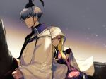  1boy 1girl black_eyes black_gloves blonde_hair bowl_cut facial_mark fate/grand_order fate_(series) floral_print gloves gradient_background grey_hair heian horse horseback_riding ibaraki_douji_(fate) igote japanese_clothes kimono long_hair looking_at_viewer pink_kimono riding robe sideways_glance sitting veil watanabe_no_tsuna_(fate) white_robe yellow_eyes yomusugara_(uzo-muzo) 