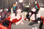  2girls :d absurdres animal_ears azur_lane bare_shoulders black_gloves blush breast_rest breasts breasts_on_table brown_hair cat_ears cat_girl cleavage commentary_request cup dress drinking_glass fang flower gloves hair_between_eyes hair_flower hair_ornament hand_on_own_cheek hand_on_own_face hand_on_table hand_up happy head_rest highres holding holding_cup indoors large_breasts leaning_forward letter looking_at_viewer medium_hair multiple_girls orange_flower red_dress red_eyes red_flower red_rose rose sleeveless sleeveless_dress slit_pupils smile strapless strapless_dress upper_body yamaha_tsui yamashiro_(azur_lane) yamashiro_(dressy_black_cat)_(azur_lane) yamashiro_(meta)_(azur_lane) 