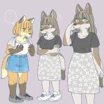  1:1 anthro black_clothing black_nose black_shirt black_topwear bottomwear breasts brown_body brown_eyes brown_fur brown_hair canid canine cheek_tuft clothed clothing crossed_arms cutoffs denim denim_clothing digital_media_(artwork) duo ekaki510 facial_tuft female fingers footwear fox frown fur grey_clothing grey_footwear grey_shoes hair hotpants japanese_fox kemono long_hair mammal open_mouth orange_body orange_fur orange_hair shirt shoes shorts simple_background size_difference skirt smile speech_bubble standing tail topwear tuft white_body white_clothing white_footwear white_fur white_shirt white_shoes white_topwear 