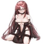  1girl arm_strap bare_shoulders black_dress black_gloves blush breasts brown_hair center_opening choker cleavage collarbone dress earrings elbow_gloves fate/grand_order fate_(series) glasses gloves grin highres jewelry large_breasts long_hair navel red_eyes ribbon-trimmed_dress sitting smile solo umeo_(pixiv51103813) very_long_hair wariza yu_mei-ren_(fate) 
