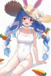  1girl animal_ears ayamy blue_hair braid breasts carrot carrot_hair_ornament cleavage collarbone food-themed_hair_ornament hair_ornament hat highres hololive long_hair looking_at_viewer medium_breasts multicolored_hair one-piece_swimsuit open_mouth rabbit_ears rabbit_girl red_eyes sitting smile solo straw_hat swimsuit teeth twin_braids upper_teeth_only usada_pekora virtual_youtuber white_background white_hair white_one-piece_swimsuit 
