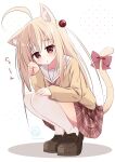  1girl :o ahoge animal_ears blonde_dog_girl_(ri-net) blonde_hair blush bow brown_footwear brown_shirt cat_ears cat_girl cat_tail character_watermark full_body hair_between_eyes hand_up highres loafers long_hair long_sleeves looking_at_viewer original parted_lips paw_pose plaid plaid_skirt puffy_long_sleeves puffy_sleeves red_bow red_eyes red_skirt ri-net sailor_collar school_uniform serafuku shadow shirt shoes skirt solo squatting tail tail_bow tail_ornament thighhighs tiptoes translation_request twitter_username very_long_hair white_background white_sailor_collar white_thighhighs 