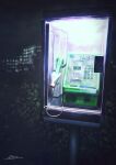  1other blurry blurry_background bush disembodied_limb fracoco highres holding holding_phone horror_(theme) night original outdoors payphone phone phone_booth scenery signature 