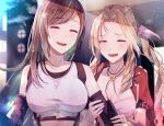  2girls aerith_gainsborough bangle bangs bare_shoulders black_bra black_gloves blush bra bracelet braid braided_ponytail breasts brown_hair choker cleavage closed_mouth crop_top dress elbow_gloves final_fantasy final_fantasy_vii final_fantasy_vii_remake flower_choker gloves hair_ribbon holding_another&#039;s_arm jacket jewelry large_breasts laughing long_hair medium_breasts midriff mirrorclew multiple_girls open_mouth parted_bangs pink_dress pink_ribbon ponytail red_jacket ribbon shirt short_sleeves sidelocks single_braid sleeveless sleeveless_shirt smile sports_bra suspenders swept_bangs tifa_lockhart underwear upper_body wavy_hair white_shirt yuri 