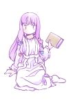  1girl :o adapted_costume blue_bow book bow dress frilled_dress frilled_sleeves frills full_body hair_bow hand_up holding holding_book long_hair long_sleeves looking_at_object no_headwear patchouli_knowledge purple_hair rangycrow red_bow sidelocks simple_background sitting socks solo touhou white_background white_dress white_socks wide_sleeves 