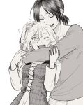  2girls breasts christa_renz commentary_request freckles greyscale height_difference highres hug hug_from_behind monochrome multiple_girls one_eye_closed open_mouth ponytail shingeki_no_kyojin small_breasts smile ymir_(shingeki_no_kyojin) yonchi yuri 
