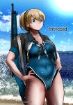  1girl beach blue_eyes blue_one-piece_swimsuit bolt_action breasts brown_hair cowboy_shot curvy gun hair_between_eyes high_side_ponytail highres intrepid_(kancolle) kantai_collection large_breasts looking_at_viewer m1903_springfield one-hour_drawing_challenge one-piece_swimsuit onomichi_(528959) plump ponytail rifle short_hair smile solo swimsuit water weapon 
