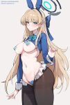  1girl animal_ears blonde_hair blue_archive blush bow breasts cameltoe fake_animal_ears halo heart_pasties highres large_breasts long_hair long_sleeves looking_at_viewer maebari meme_attire navel nipples pantyhose pasties playboy_bunny rabbit_ears reverse_bunnysuit reverse_outfit shrug_(clothing) simao_(x_x36131422) solo thighband_pantyhose toki_(blue_archive) toki_(bunny)_(blue_archive) very_long_hair wrist_cuffs 