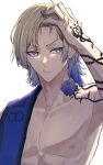  arm_tattoo blonde_hair blue_eyes blue_hair blue_lock closed_mouth commentary_request gradient_hair hand_in_own_hair highres long_hair multicolored_hair neck_tattoo nipples sa_kamichi simple_background tattoo topless_male towel_on_one_shoulder upper_body white_background 
