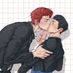  168broccoli 2boys black_hair black_jacket blush closed_eyes couple highres holding holding_another&#039;s_arm holding_letter jacket kiss letter looking_at_another male_focus mito_youhei multiple_boys red_hair sakuragi_hanamichi school_uniform shirt short_hair slam_dunk_(series) twitter_username upper_body white_shirt yaoi 