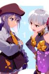  2girls aged_down armlet armor atlas_academy_school_uniform bare_shoulders beret bikini_armor blush bracelet braid braided_ponytail breasts collar detached_sleeves dress earrings echo_(circa) fate/grand_order fate_(series) floral_print full_body hair_ribbon hat jewelry kama_(fate) long_hair long_sleeves looking_at_another metal_collar miniskirt multiple_girls open_mouth pelvic_curtain ponytail purple_dress purple_eyes purple_hair purple_headwear purple_skirt purple_sleeves purple_thighhighs red_eyes ribbon ring school_uniform short_hair sion_eltnam_sokaris skirt small_breasts thighhighs thighlet thighs white_hair 