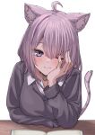  1girl ;) animal_ears arm_support bisuke_(isbsk_ekaki) black_sweater book breasts cat_ears cat_girl cat_tail collar head_rest highres hololive large_breasts long_sleeves looking_at_viewer medium_hair nekomata_okayu one_eye_closed purple_eyes purple_hair shirt smile sweater tail translation_request virtual_youtuber white_background white_shirt 